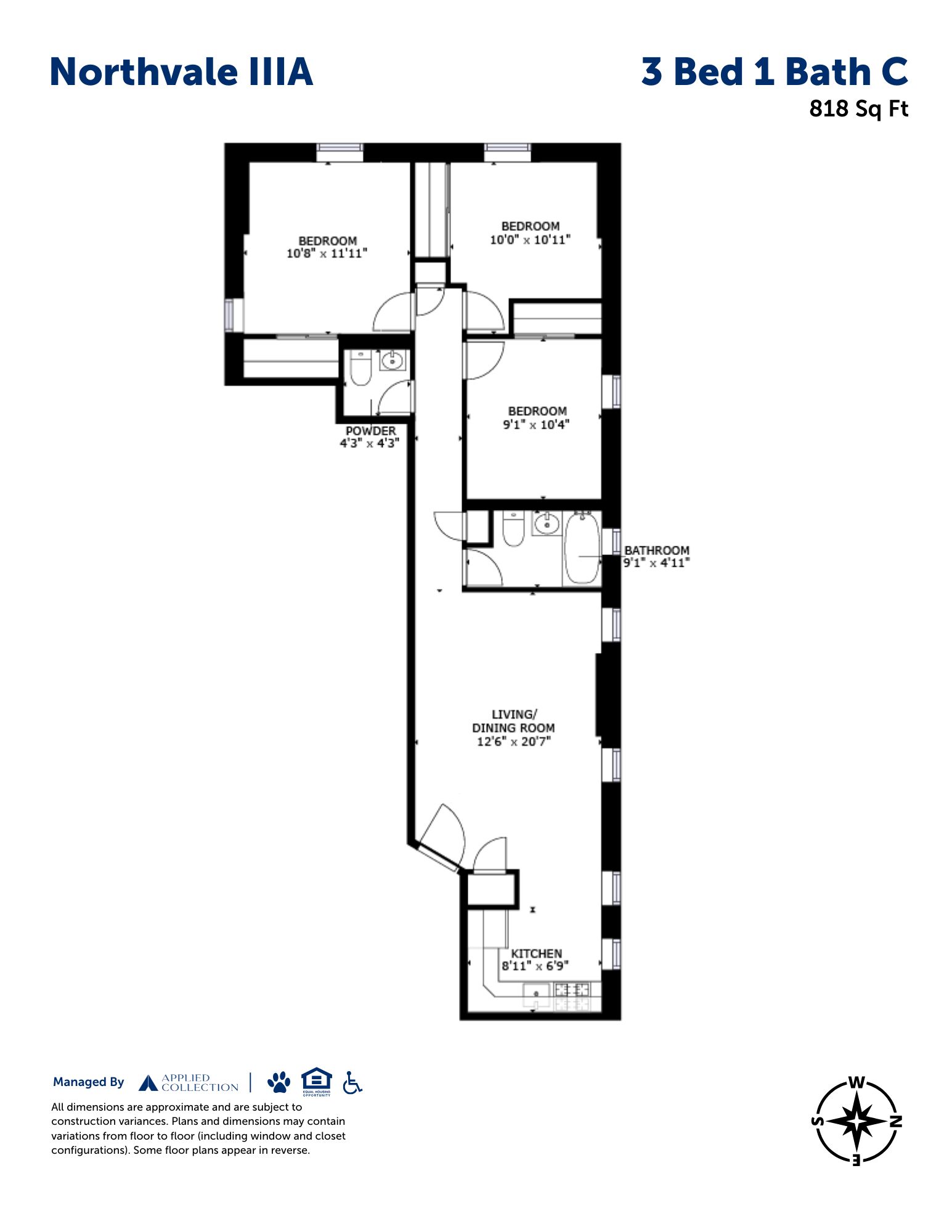 Floor plan for 3 beds, 1.5 baths, 818 sqft